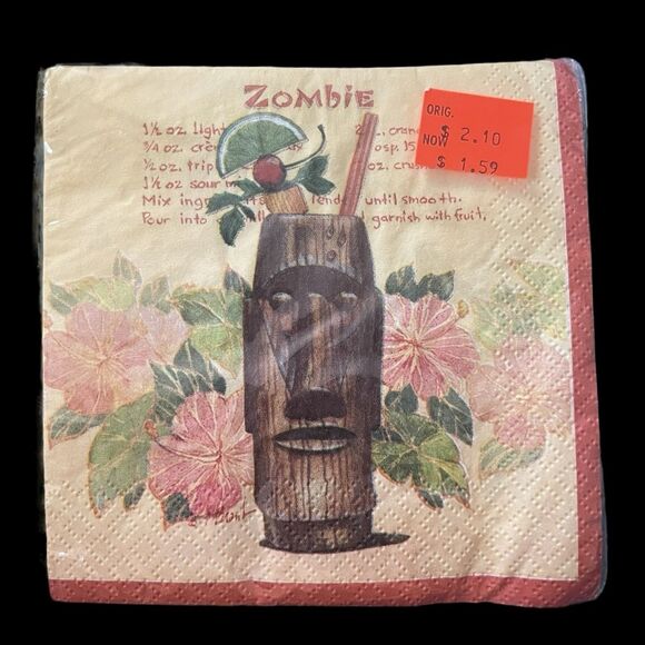 Tiki Paper Cocktail Napkins 16 ct NEW Zombie Singapore Sling Recipes Open End - Picture 3 of 6